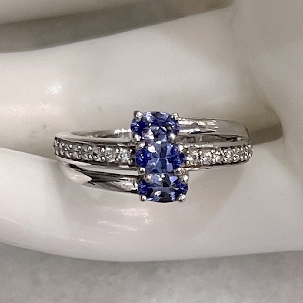 Premium AAA Tanzanite and Cambodian Zircon Sterling Silver Trilogy Ring Sz 7